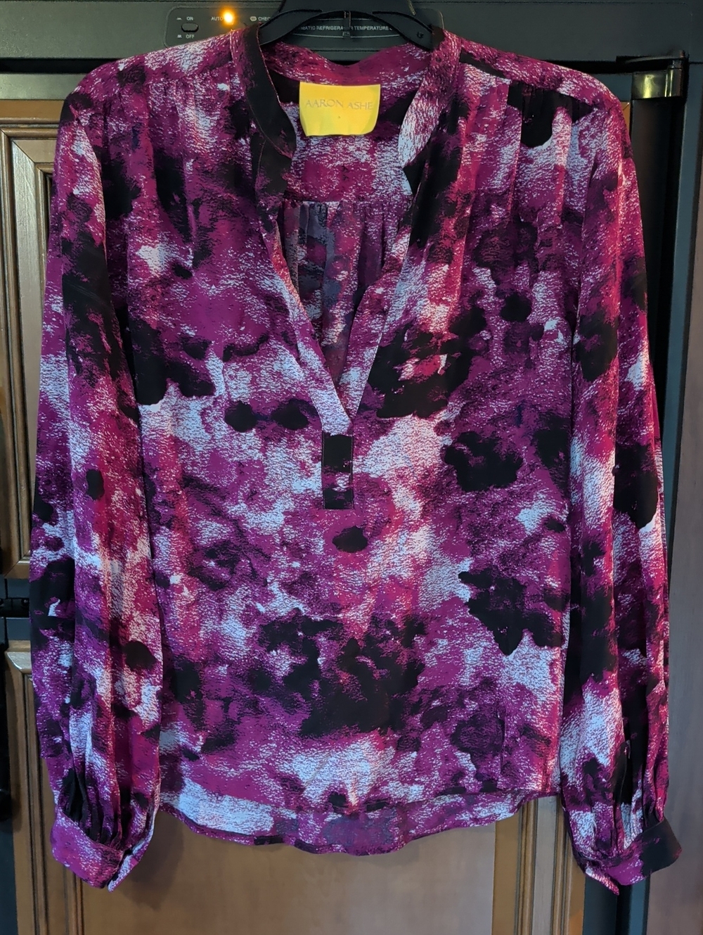 Aaron Ashe Silk Purple & Black Abstract V-Neck Long-Sleeve Blouse